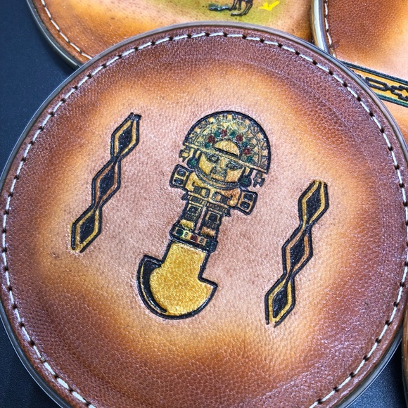 Leather Coaster Set Made In Mexico Inca Llama Hand Stitched 4” Diameter - Picture 6 of 8